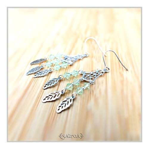 Collection fairy : boucles d'oreilles cristal vert clair connecteur art déco breloques feuilles crochets acier inoxydable (#bo654)