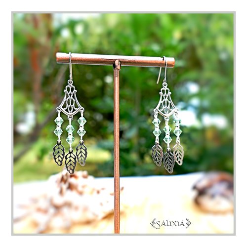 Collection fairy : boucles d'oreilles cristal vert clair connecteur art déco breloques feuilles crochets acier inoxydable (#bo654)
