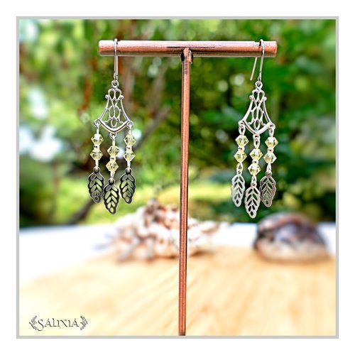 Collection fairy : boucles d'oreilles cristal jaune pâle connecteur art déco breloques feuilles crochets acier inoxydable (#bo655)