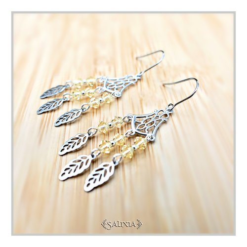 Collection fairy : boucles d'oreilles cristal jaune pâle connecteur art déco breloques feuilles crochets acier inoxydable (#bo655)