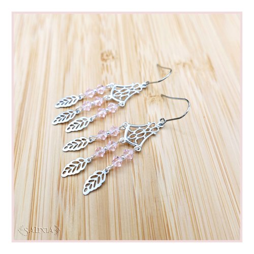 Collection fairy : boucles d'oreilles cristal rose pâle connecteur art déco breloques feuilles crochets acier inoxydable (#bo656)