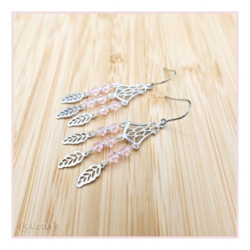 Collection fairy : boucles d'oreilles cristal rose pâle, connecteur art déco, breloques feuilles, crochets acier inoxydable (#bo656)