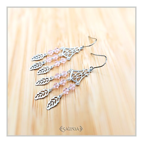 Collection fairy : boucles d'oreilles cristal rose pâle connecteur art déco breloques feuilles crochets acier inoxydable (#bo656)