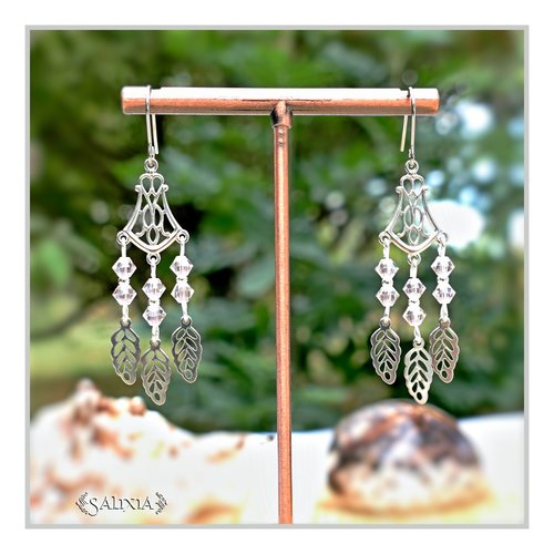 Collection fairy : boucles d'oreilles cristal rose pâle connecteur art déco breloques feuilles crochets acier inoxydable (#bo656)