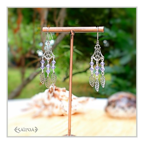 Collection fairy : boucles d'oreilles cristal lilas pâle connecteur art déco breloques feuilles crochets acier inoxydable (#bo657)