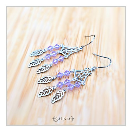 Collection fairy : boucles d'oreilles cristal lilas pâle connecteur art déco breloques feuilles crochets acier inoxydable (#bo657)