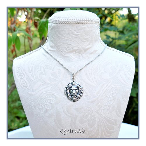 Pièce rare - collier art nouveau pendentif lion en relief en laiton très haute qualité plaqué argent sterling (#c247)