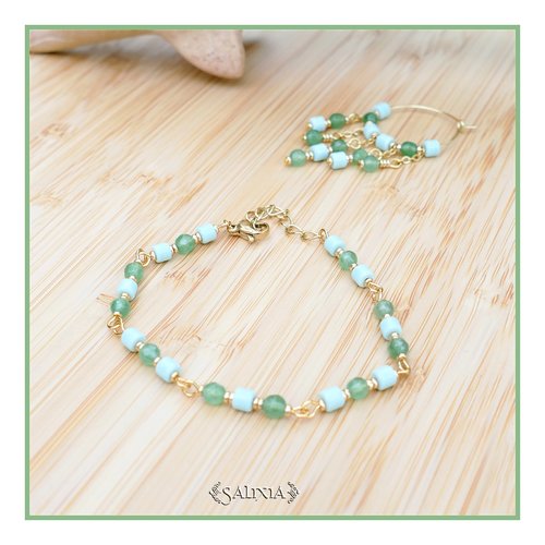 Bracelet vanina vert tubes d'agate vert pâle perles d'aventurine acier inoxydable doré (#bc216 p208)