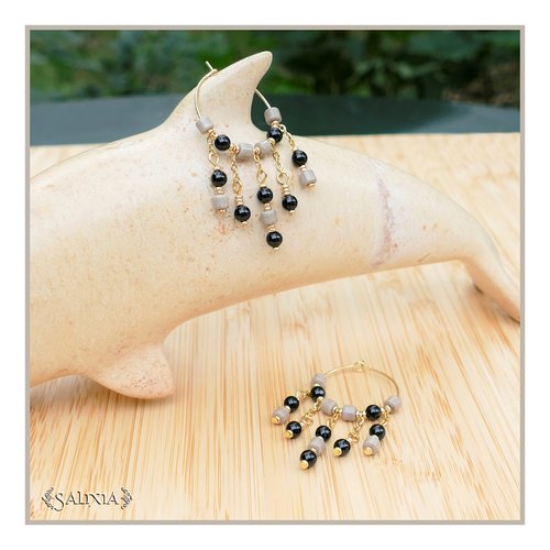 Boucles d'oreilles vanina granit tubes d'agate gris granit perles d'agate noire créoles acier inoxydable doré (#bo661 p210)