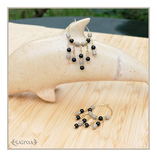 Boucles d'oreilles vanina granit tubes d'agate gris granit perles d'agate noire créoles acier inoxydable doré (#bo661 p210)