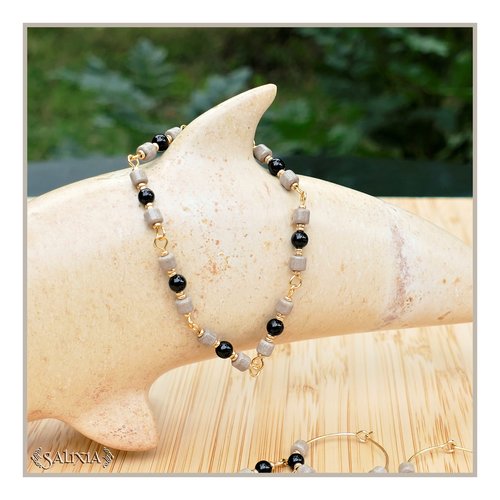 Bracelet vanina granit tubes d'agate gris granit perles d'agate noire acier inoxydable doré (#bc218 p210)