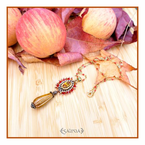 Collier cristal et goutte de bohème, chaîne et mousqueton acier inoxydable doré (#c254)