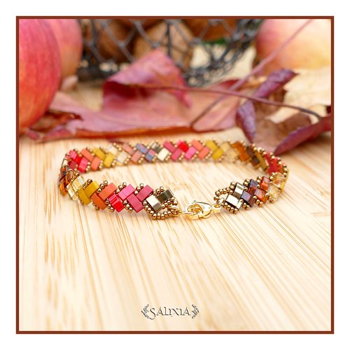 Bracelet tissé perles tila 2 rangs tons rouges (#bc259.b)