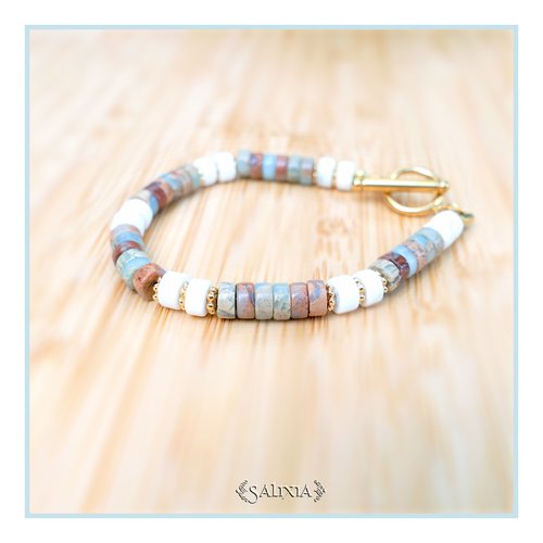 Bracelet perles heishi pierres fines jaspe aqua terra perles dorées à l'or fin toggle ou mousqueton acier inoxydable doré (#bc221)