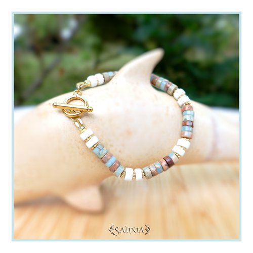 Bracelet perles heishi pierres fines jaspe aqua terra perles dorées à l'or fin toggle ou mousqueton acier inoxydable doré (#bc221)
