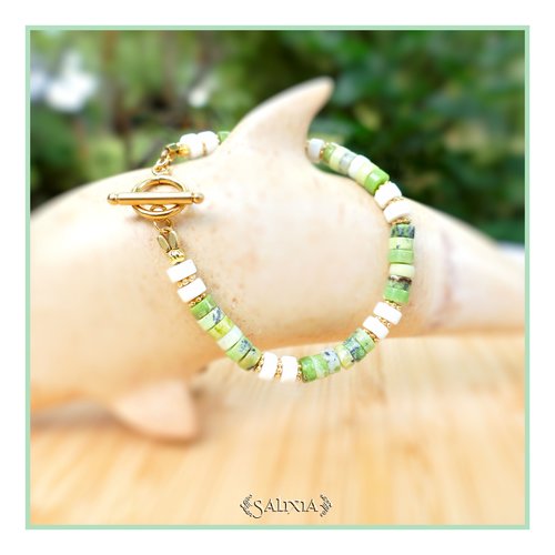 Bracelet perles heishi pierres fines serpentine perles dorées à l'or fin toggle ou mousqueton acier inoxydable doré (#bc222)