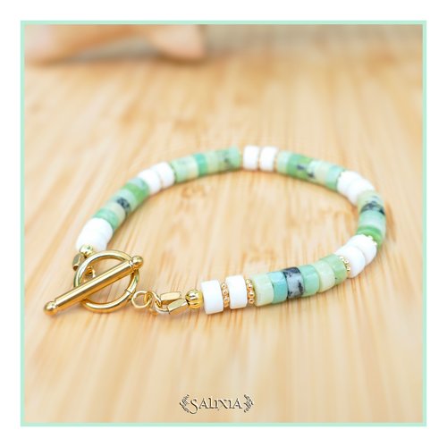 Bracelet perles heishi pierres fines jade vert clair perles dorées à l'or fil toggle ou mousqueton acier inoxydable doré (#bc223)