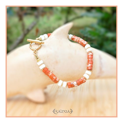 Bracelet pierres gemmes heishi terra cotta perles dorées à l'or fin toggle ou mousqueton acier inoxydable doré (#bc224)