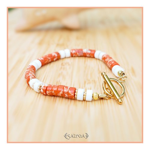 Bracelet pierres gemmes heishi terra cotta perles dorées à l'or fin toggle ou mousqueton acier inoxydable doré (#bc224)