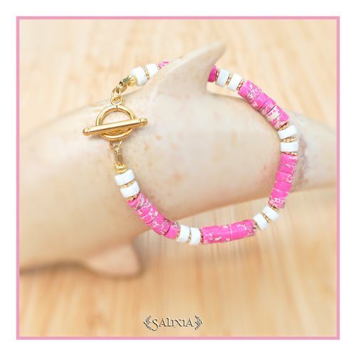 Bracelet pierres gemmes heishi rose perles dorées à l'or fin toggle ou mousqueton acier inoxydable doré (#bc225)