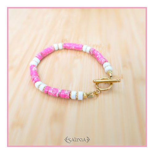 Bracelet pierres gemmes heishi rose perles dorées à l'or fin toggle ou mousqueton acier inoxydable doré (#bc225)
