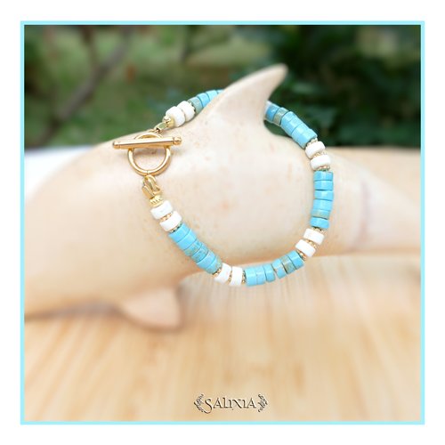 Bracelet pierres gemmes heishi turquoise perles dorées à l'or fin toggle ou mousqueton acier inoxydable doré (#bc226)