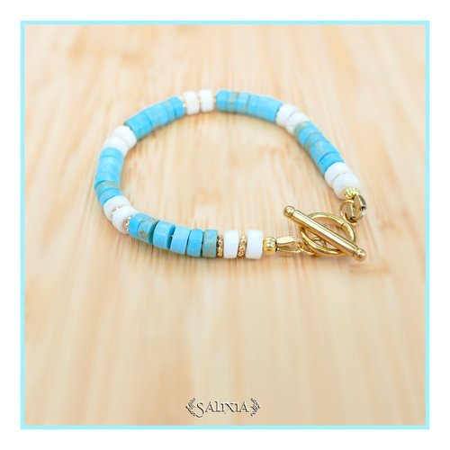Bracelet pierres gemmes heishi turquoise perles dorées à l'or fin toggle ou mousqueton acier inoxydable doré (#bc226)