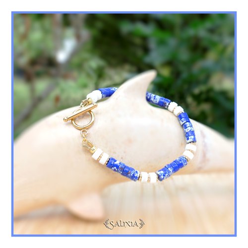 Bracelet pierres gemmes heishi bleues perles dorées à l'or fin toggle ou mousqueton acier inoxydable doré (#bc227)