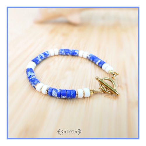Bracelet perles heishi bleues perles dorées à l'or fin toggle ou mousqueton acier inoxydable doré (#bc227)