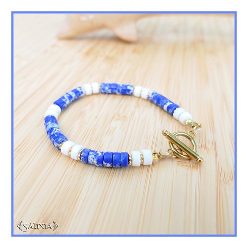 Bracelet perles heishi bleues perles dorées à l'or fin toggle ou mousqueton acier inoxydable doré (#bc227)