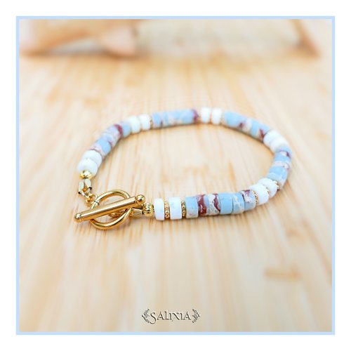 Bracelet pierres gemmes heishi bleu pastel marbré perles dorées à l'or fin toggle ou mousqueton acier inoxydable doré (#bc228)