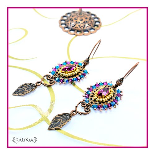 Boucles d'oreilles bohème vintage cristal fuchsia et bleu teal crochets cuivre (#bo689)