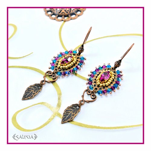 Boucles d'oreilles bohème vintage cristal fuchsia et bleu teal crochets cuivre (#bo689)
