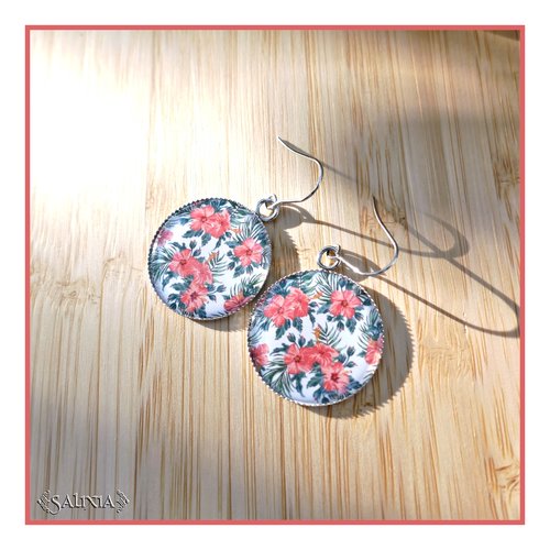 Boucles d'oreilles cabochons fleurs d'hibiscus, entièrement en acier inoxydable (#bo680)