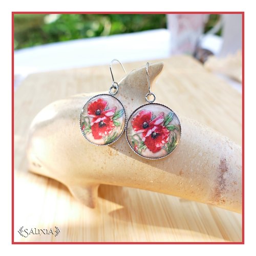 Boucles d'oreilles cabochons coquelicots entièrement en acier inoxydable (#bo681.a)