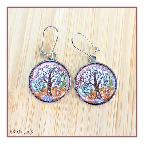Boucles d'oreilles cabochons arbre de vie, entièrement en acier inoxydable, dormeuses ou crochets au choix (#bo685)
