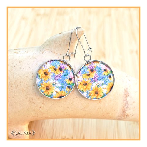 Boucles d'oreilles cabochons les tournesols, entièrement en acier inoxydable, au choix dormeuses ou crochets (#bo686)