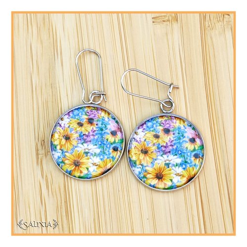 Boucles d'oreilles cabochons les tournesols, entièrement en acier inoxydable, au choix dormeuses ou crochets (#bo686)