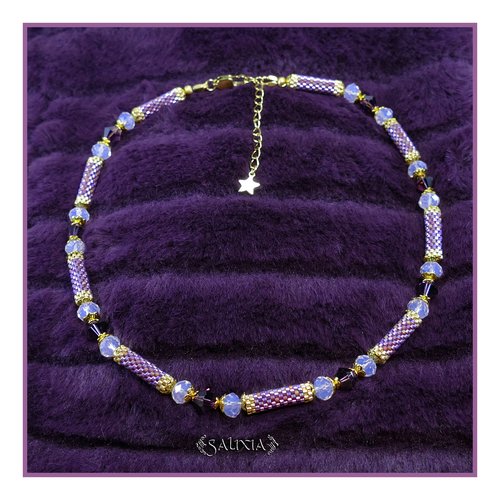 Pièce unique - collier "dayana améthyste" tissé à l'aiguille perles japonaises cristal mousqueton acier inoxydable doré (#c255 p221)