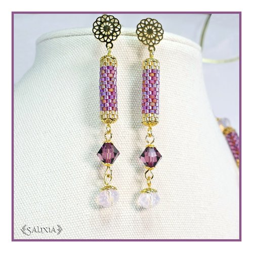 Boucles d'oreilles "dayana" améthyste perles tubes tissées à l'aiguille puces dormeuses ou crochets au choix (#bo701 p221)