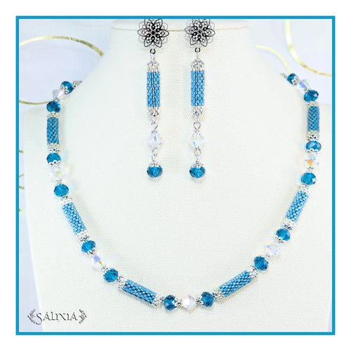 Collier "dayana bleu teal" tissé à l'aiguille perles japonaises cristal mousqueton acier inoxydable (#c256 p222)