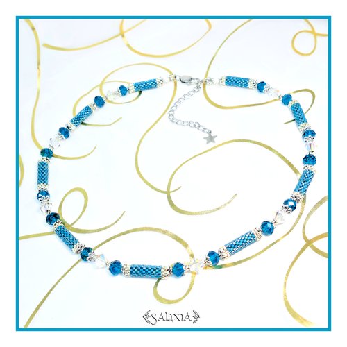 Pièce unique - collier "dayana bleu teal" tissé à l'aiguille perles japonaises cristal mousqueton acier inoxydable (#c256 p222)