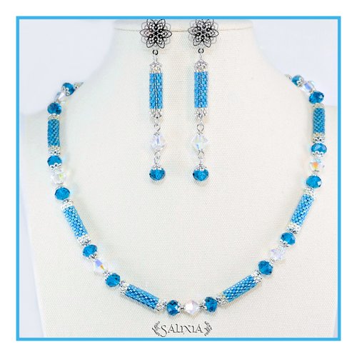 Pièce unique - collier "dayana bleu teal" tissé à l'aiguille perles japonaises cristal mousqueton acier inoxydable (#c256 p222)