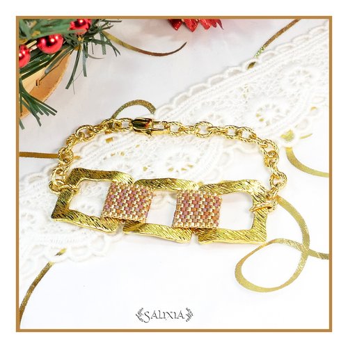 Bracelet tissé dayana topaze perles carrées dorées martelées chaine texturée mousqueton acier inoxydable doré (#bc282 p223)