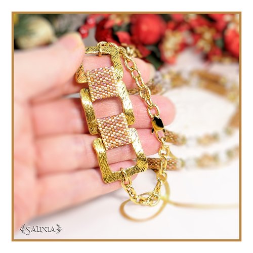 Bracelet tissé dayana topaze perles carrées dorées martelées chaine texturée mousqueton acier inoxydable doré (#bc282 p223)