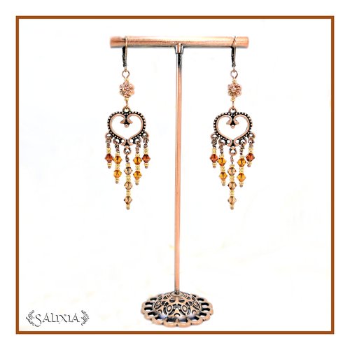 Boucles d'oreilles coeurs et fleurs cuivrés cristal topaze dormeuses ou crochets acier inoxydable au choix (#bo695)