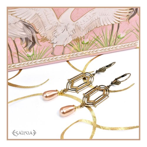 Pièce rare - boucles d'oreilles art déco gouttes nacrées rose doré en cristal laiton doré antique haute qualité (#bo700)