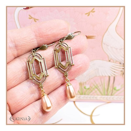 Pièce rare - boucles d'oreilles art déco gouttes nacrées rose doré en cristal laiton doré antique haute qualité (#bo700)