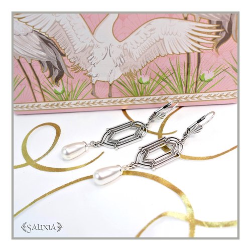 Pièce rare - boucles d'oreilles art déco gouttes nacrées blanches en cristal laiton argent sterling haute qualité (#bo699)