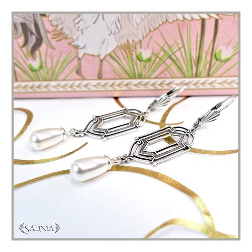 Pièce rare - boucles d'oreilles art déco gouttes nacrées blanches en cristal laiton argent sterling haute qualité (#bo699)